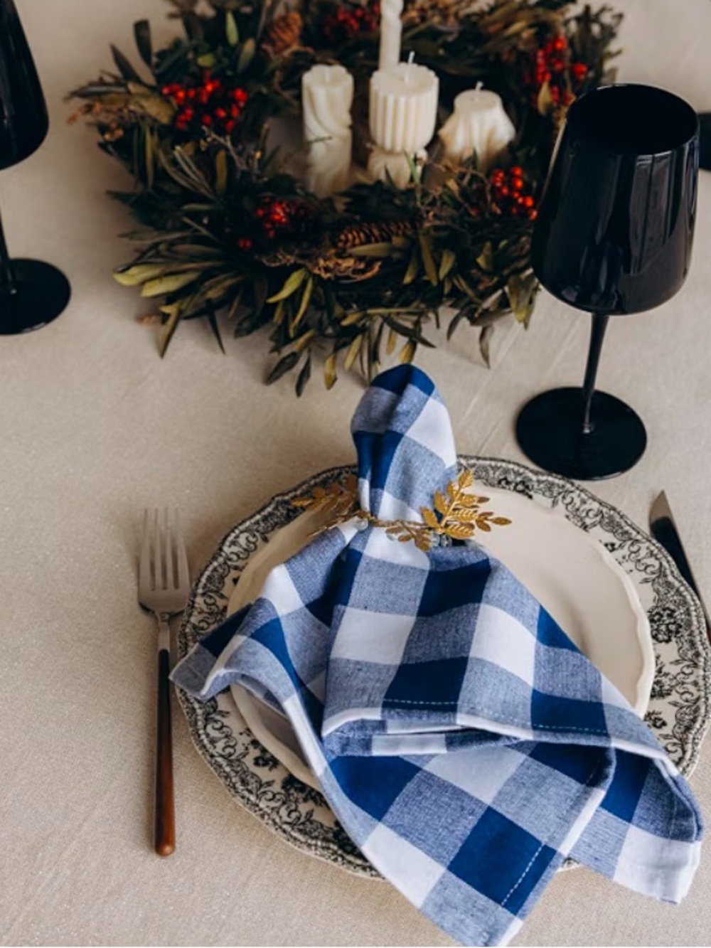 Cotton Craft Blue Plaid  Check Cotton Napkins  set of 6